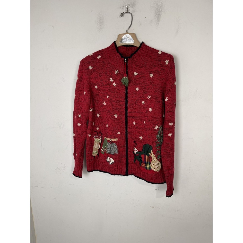 Coldwater Creek Womens M Red Full Zip Christmas Winter Holiday‎ Cardigan Sweater